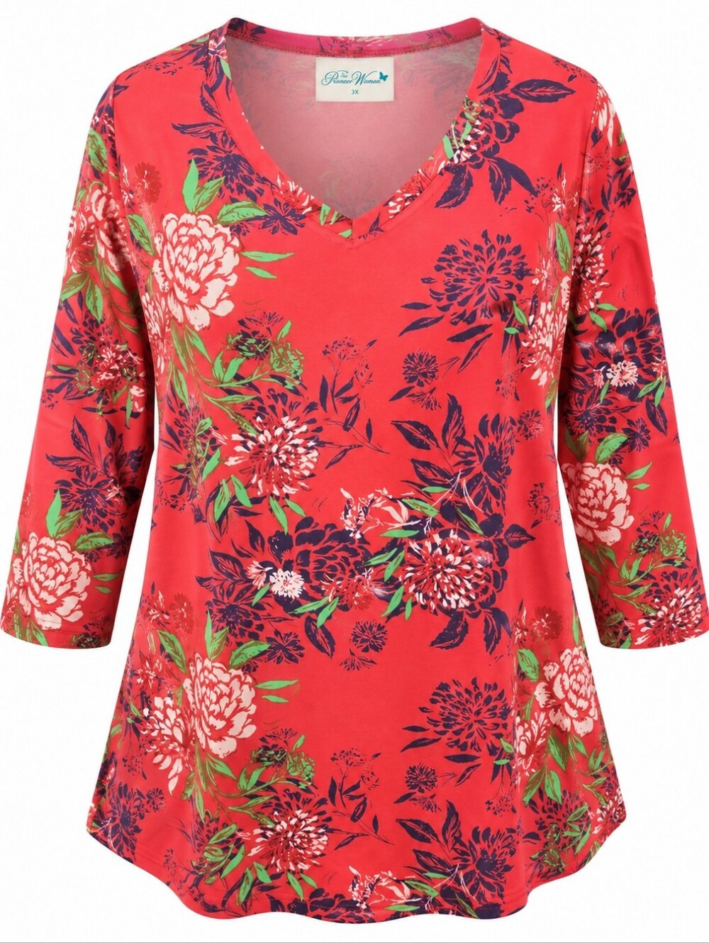 THE PIONEER WOMAN |‎ Red Floral Stretch V-Neck Cottagecore Tunic Top | 3X